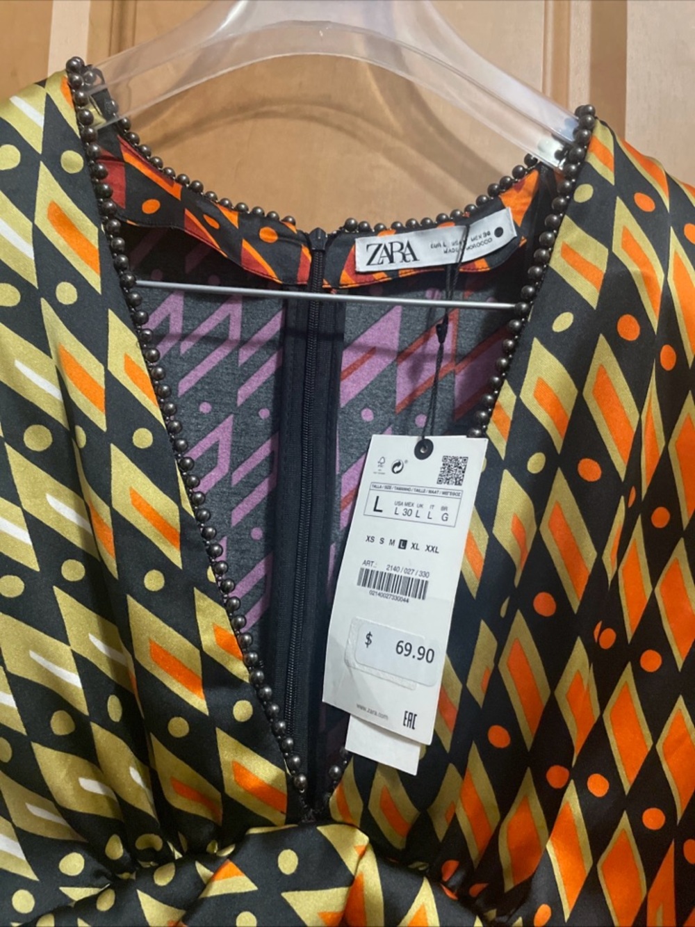 Zara Bold Geometric V-Neck Mini Dress in Orange, Yellow & Purple - Picture 2 of 4
